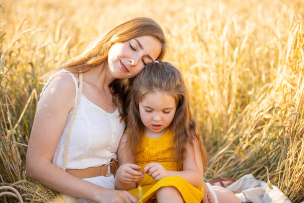 チェコ共和国の晴れた日の小麦畑で美しい若い母親と彼女の娘 - 写真・画像