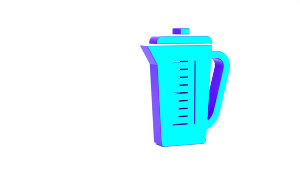 Tasse à mesurer turquoise pour mesurer l'icône des aliments secs et liquides isolée sur fond blanc. Bécher gradué en plastique avec poignée. Concept de minimalisme. Illustration 3D rendu 3D. - Photo, image