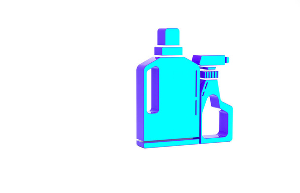 Turquesa Botellas de plástico para detergente líquido para ropa, lejía, líquido para lavar platos u otro icono de agente de limpieza aislado sobre fondo blanco. Concepto minimalista. 3D ilustración 3D render. - Foto, imagen