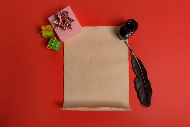 Empty letter for Santa Claus. Copy space. Red background - Fotografie, Obrázek