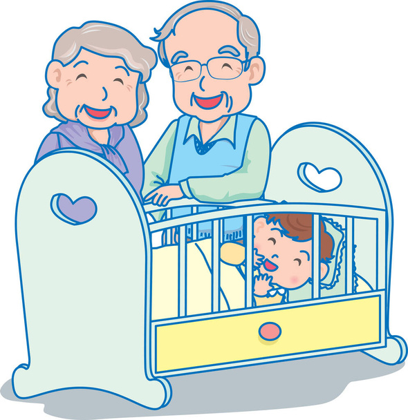 Διάνυσμα Εικονογράφηση ενός ευτυχισμένου μωρού μέσα σε κούνια με παππούδες  - Διάνυσμα, εικόνα