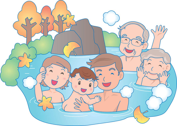 Вектор счастливой семьи, отдыхающей в горячем бассейне  - Вектор,изображение