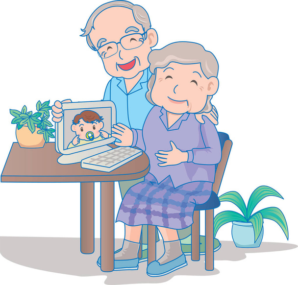 Διάνυσμα Εικονογράφηση μιας ευτυχισμένης τηλεδιάσκεψης μωρού με παππούδες. - Διάνυσμα, εικόνα