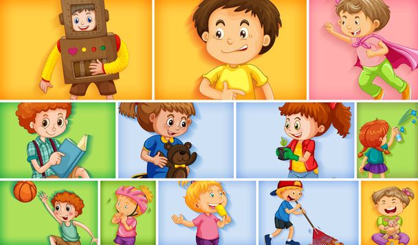 Набор различных детских персонажей на разных цветовых фоновых иллюстрациях - Вектор,изображение