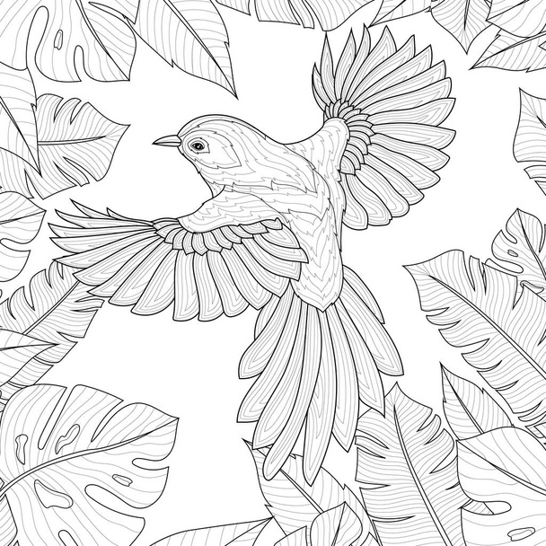 Aves rodeadas de hojas tropicales.Libro para colorear antiestrés para niños y adultos. Zen-tangle style.Black y blanco dibujo - Vector, Imagen