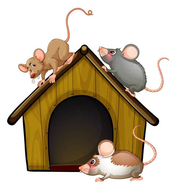 Gruppe von niedlichen Mäusen mit kleinem Haus isoliert auf weißem Hintergrund Illustration - Vektor, Bild