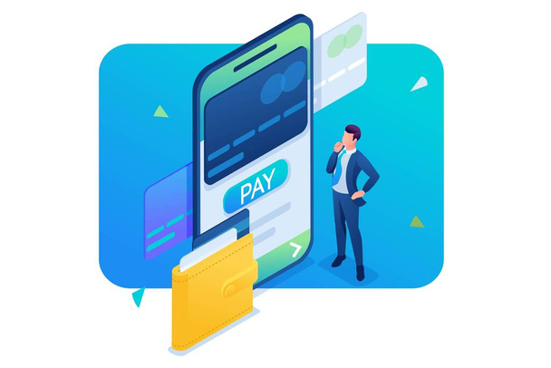 Young man makes an online payment through a mobile application. 3D isometric. Concept for web design - Вектор, зображення