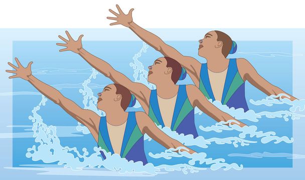 synchronized swimmers, trio in pose splashing out of water - Vector, Image