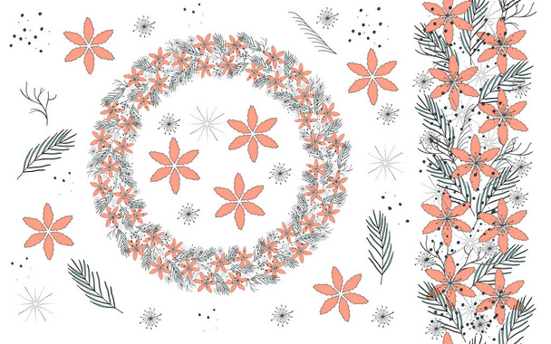 ilustración vectorial, corona de flores silvestres, copos de nieve, agujas y sus elementos, cepillo sin costuras - Vector, Imagen