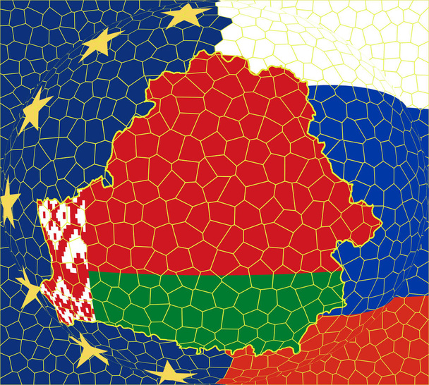 Die Flagge von Weißrussland ist in der Konturkarte des Landes eingezeichnet. Karte auf dem Hintergrund der Flaggen der Europäischen Union und Russlands. - Foto, Bild