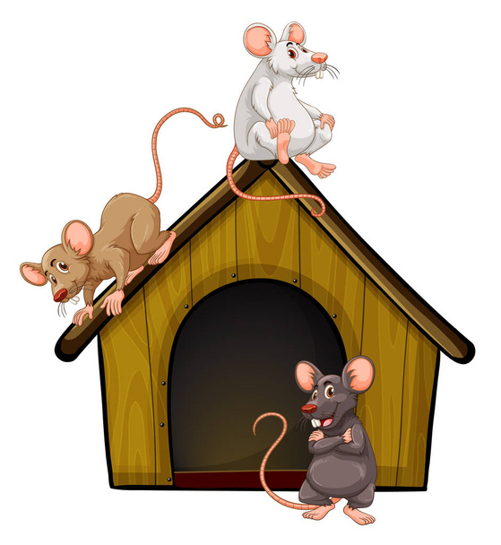 Grupo de lindos ratones con casita aislada sobre fondo blanco ilustración - Vector, Imagen