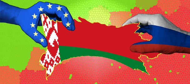 Флаг Беларуси вписан в контурную карту страны. Руки с прикладными флагами Европейского Союза и России растягивают карту Беларуси. - Фото, изображение