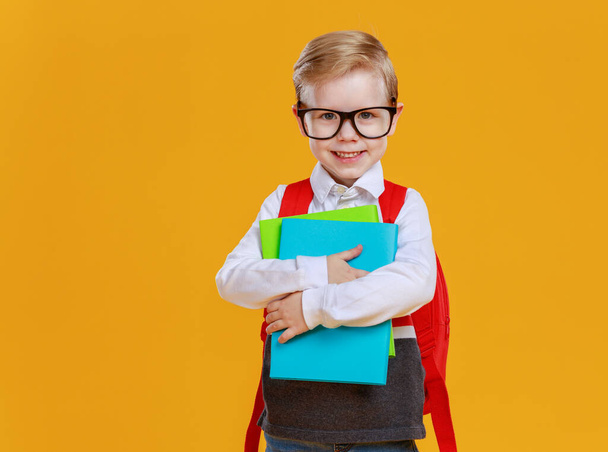 Смешной мальчик в очках, обнимающий красочные учебники и улыбающийся в камеру во время учебы в школе от желтой спинки - Фото, изображение
