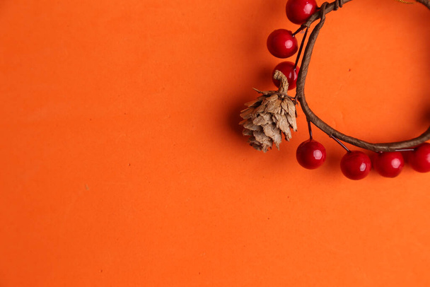 An overhead of a round ornament made of acorns and currants on an orange background - Photo, Image