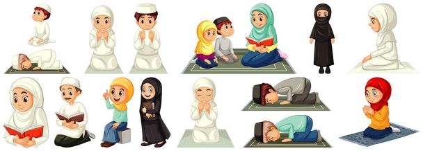 Conjunto de diferentes personagens de desenhos animados de pessoas muçulmanas isolados em fundo branco ilustração - Vetor, Imagem