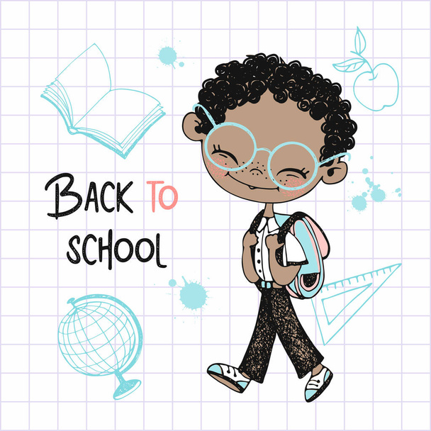 スクールバックパック付きのかわいい暗い肌の男の子は学校に行きます。学校に戻る。ベクトル. - ベクター画像