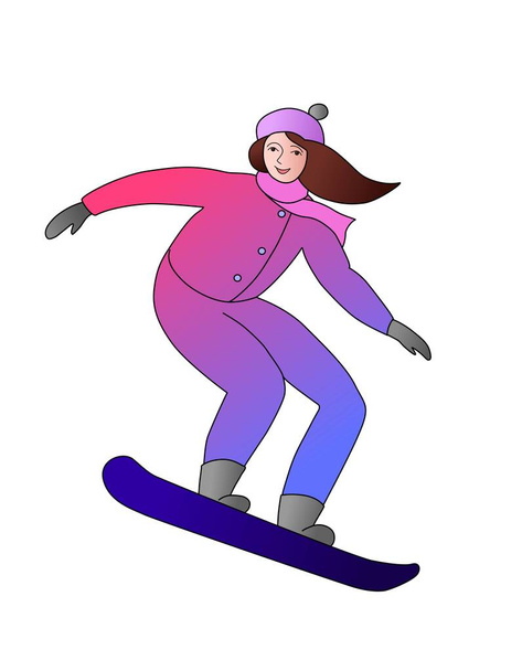 Mujer snowboarder. Ilustración colorida, chica en una tabla. Elegante atuendo. Deportes de invierno. - Vector, Imagen