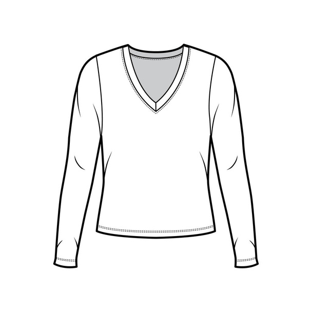 Deep V-neck jersey πουλόβερ τεχνική απεικόνιση μόδας με μακριά μανίκια, υπερμεγέθης σώμα  - Διάνυσμα, εικόνα