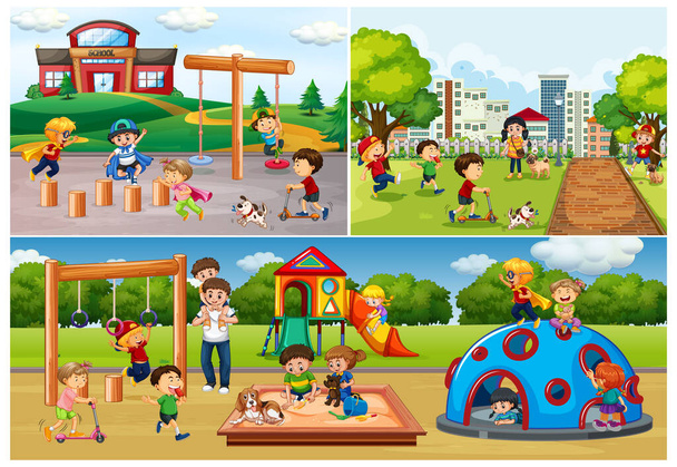 Conjunto de pessoas no parque e ilustração do parque infantil
 - Vetor, Imagem