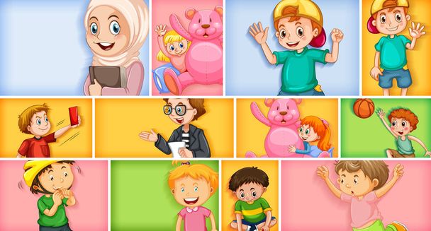 Set van verschillende kind karakters op verschillende kleuren achtergrond illustratie - Vector, afbeelding