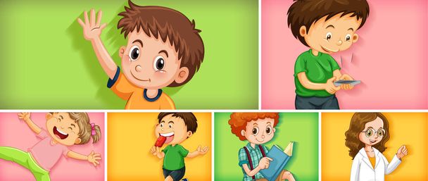 Set of different kid characters on different color background illustration - Vector, Image