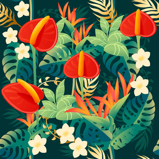 装飾的な花束の花のシームレスなパターン緑の背景に庭や花のポットフラットベクトルイラストのための赤いアンスリウム花の要素. - ベクター画像
