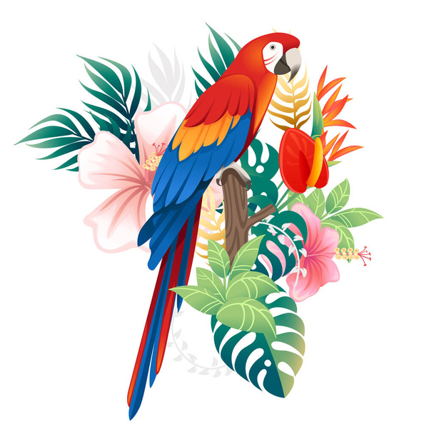 Симпатичный попугай ара сидеть с зелеными листьями и красный цветок головы мультфильм животного дизайна плоский вектор иллюстрации изолированы на белом фоне. - Вектор,изображение