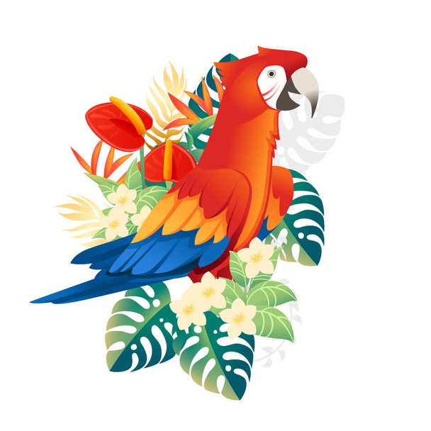 Симпатичный попугай ара сидеть с зелеными листьями и красный цветок головы мультфильм животного дизайна плоский вектор иллюстрации изолированы на белом фоне. - Вектор,изображение