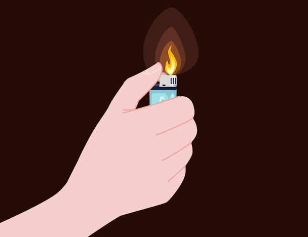 Hand halten und verwenden Metall-und Kunststoff-Feuerzeug für Küche oder Zigarettenanzünder Raucher Zubehör flache Vektordarstellung isoliert auf braunem Hintergrund. - Vektor, Bild