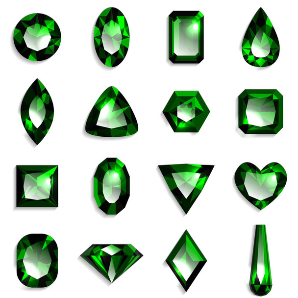Set van groene edelstenen van verschillende vormen. Juwelen op witte achtergrond. Vectorillustratie - Vector, afbeelding
