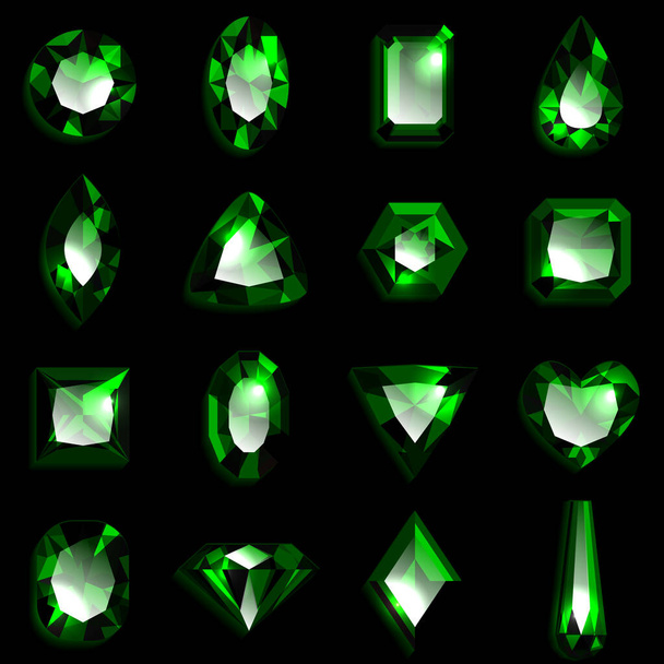 Set aus grünen Edelsteinen in verschiedenen Formen. Juwelen auf schwarzem Hintergrund. Vektorillustration - Vektor, Bild