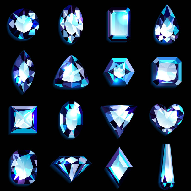 Çeşitli şekillerde açık mavi değerli taşlar. Siyah arka planda mücevherler. Vektör illüstrasyonu - Vektör, Görsel