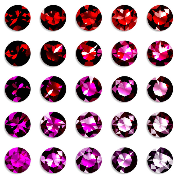 Set of red gradient gemstones of round cut. Jewels on white background. Vector illustration - Vector, Image