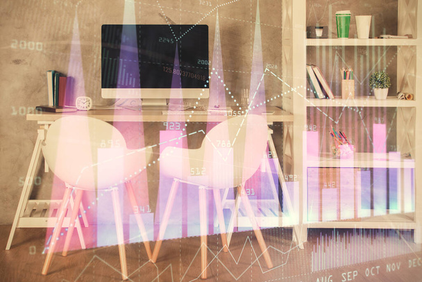 Multi exposure of stock market chart drawing and office interior background. Concept of financial analysis. - Zdjęcie, obraz