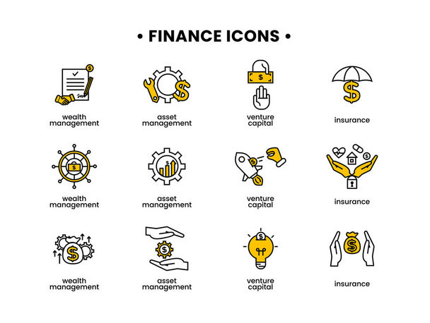 Finance icons set. Vector illustration of asset management, venture capital, insurance, wealth management icons - Vector, Image