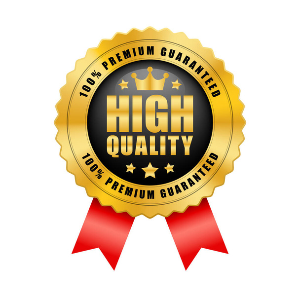 Haute qualité 100 % premium garantie couronne et 5 étoiles insigne noir et or avec ruban rouge brillant logo métallique vintage - Vecteur, image