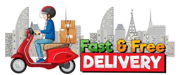 Snelle en gratis levering logo met fietser of koerier rijden in de stad illustratie - Vector, afbeelding