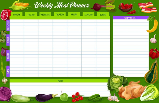 Tygodniowe planowanie posiłków, plan tygodnia wektorowego z warzywami, owocami i mięsem. Kalendarz menu śniadanie, obiad, kolacja i przekąska z listy zakupów i miejsce na notatki. Szablon harmonogramu diety - Wektor, obraz