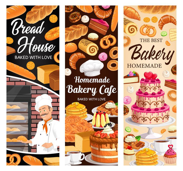 Десерты, торты и векторные баннеры пекарни. Пекарь с булочками и булочками, свежий выпечка сладкие десерты пончик, круассан и багет, крендель и кекс с безе. Хлеб и кондитерская - Вектор,изображение