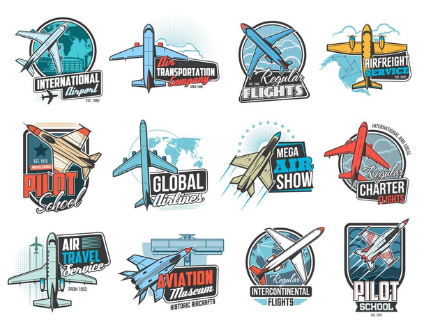 Aviation and air flight icons, airplane pilot school and aircraft museum, vector signs. Air flight aviators academy, global airlines and flights travel, air transportation freight delivery service - Vector, Image