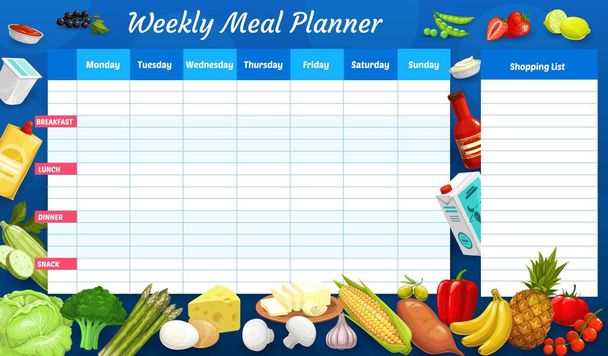 Εβδομαδιαία οργανωτής γευμάτων, διανυσματικό χρονοδιάγραμμα, εβδομάδα οργανωτής του σχεδίου διατροφής με αγροκτήματα και γαλακτοκομικά προϊόντα. Ημερολόγιο μενού με λίστα αγορών για παντοπωλεία. Πρότυπο ημερολογίου γεύματος για προσωπική εβδομαδιαία δίαιτα - Διάνυσμα, εικόνα
