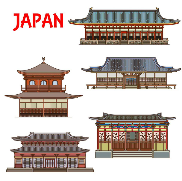 Японські храми, японські будівлі, пагода будинків архітектури, векторні пам'ятки Кіото. Японський храм Нінна-дзі, Джішо-дзі, Ейкан-до і Зенрін-дзі, Гінкаку-дзі Срібний павільйон і Наньцзи - Вектор, зображення