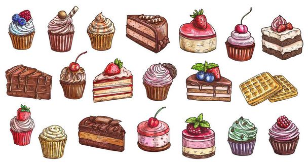 Торти, чізкейки та десертні цукерки кекси ескіз, векторні ікони. Хлібобулочні та кондитерські вироби солодкі шоколадні торти, намальовані вручну випічка солодкого десерту чізкейк, тірамісу, брауні та вафлі
 - Вектор, зображення