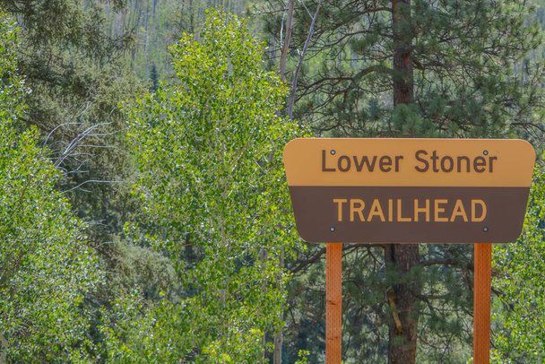 Знак Lower Stoner Trailhead для туристов в горном районе округа Монтелла, штат Колорадо - Фото, изображение