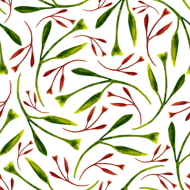 Hand drawn green and red twigs on a white background. Watercolor seamless pattern. Design for cloth, print, card, wrapping. - Foto, imagen