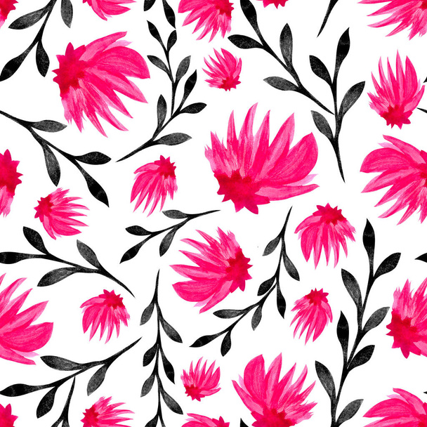 Pink flowers and black branches on a white background. Watercolor seamless pattern. - Φωτογραφία, εικόνα
