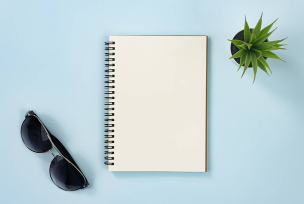Blocco note a spirale o quaderno di primavera in tipo sfoderato e pianta da ufficio e occhiali da sole su sfondo blu pastello minimalista - Foto, immagini