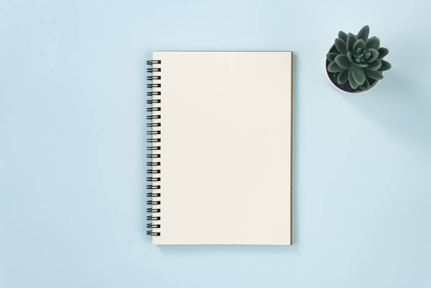 Spiralnotizbuch oder Frühlings-Notizbuch in unlinierter Schrift und Büropflanze auf blauem Pastell-Minimalismus-Hintergrund - Foto, Bild