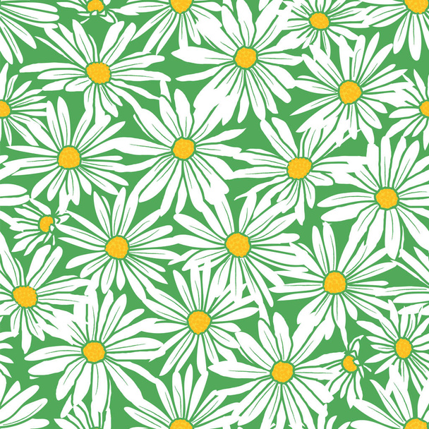 抽象的な花手描きカモミールの花のスケッチ緑の背景デザインにシームレスなパターンを描く - ベクター画像
