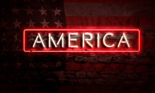 アメリカの言葉とアメリカの旗とレンガの壁にグラフィック - 写真・画像